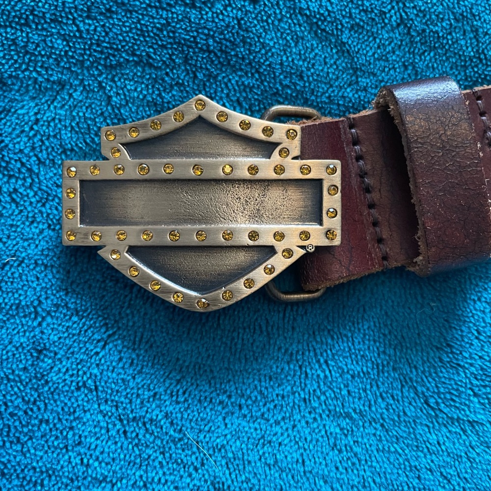 Harley Davidson size 32 Brown Leather Belt Silver/Gold Buckle